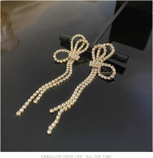925 silver Crystal Bow Stud Earrings Fashion Ladies Tassel Rhinestone Earrings Hypoallergenic for Sensitive Ears...
