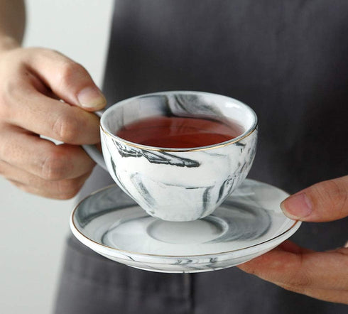 FUYU Gold Edge Marble Ceramic Espresso Coffee Cup and Saucer Set Tea Cup...