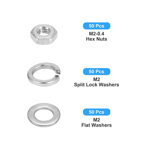 Hex Nuts Assortment Kit (M2-0.4 Hex Nuts with M2 Flat Washers & Split Lock Washers) 150Pcs, 304 Stainless Steel Hexagon Nut Hardware Kit...