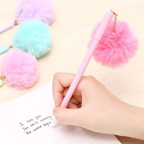 12Pcs/Bulk Funny Cute Pens Kawaii Plush Ball Pom Top Pendant Cool Novelty Gel Pen, Aesthetic Stationery Rollerball Back to School Office Journalin...