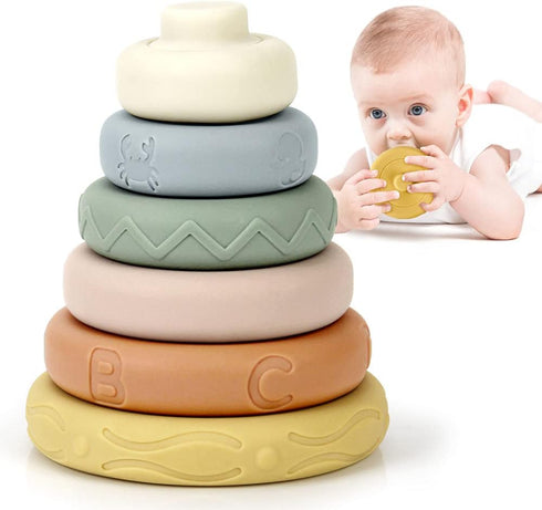 BOBXIN Stacking & Nesting Rings Toy, Soft Circle Stacker, 6 pcs Building Stacker,Teethers for Baby, Squeeze Play with letter, Animal and Graphic, ...