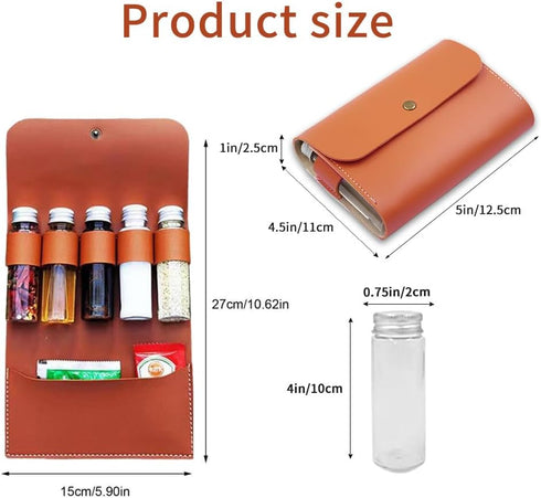 Portable Spice Bag for Travel, Camping Spice Kit with 5 Jars, Foldable Leather Spice Holder Seasoning Storage Bag, Condiment Container Set for Out...