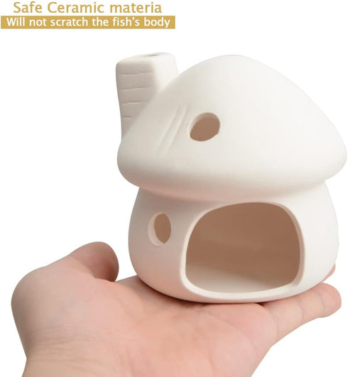 AnRui Fish Tank Decortation Cute Ceramic Mushroom Mini House Aquarium Decor Betta Cave Hideout Ornament Accessories for Small Fish, Shrimp, White...
