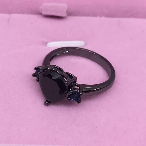 Hsitgexf Black Gold Plated Heart & Blue Round CZ Cubic Zirconia Promise Statement Ring,Women's Fashion 3-Stone Wedding Engagement Ring (US size 9)...