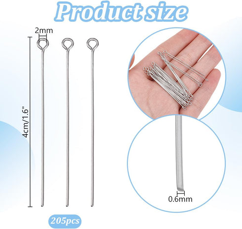 PH PandaHall About 205 Pcs 304 Stainless Steel Head Pins Findings Eye Pin Length 1.5 Inch 23-Gauge for Jewelry Making...