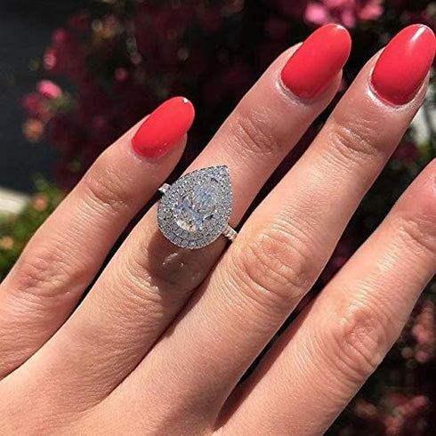 FAONIE White Gold Plated Teardrop Halo Pear Cut Cubic Zirconia CZ Engagement Wedding Ring For Women (9)...