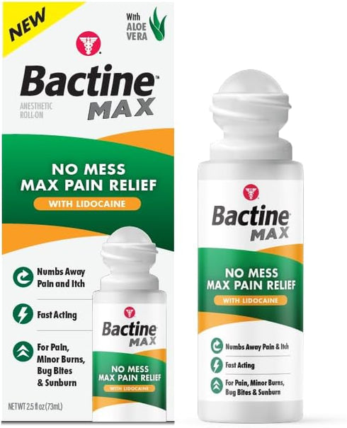 Bactine Max No-Mess Roller Ball with 4% Lidocaine - Pain + Itch Relief from Poison Ivy, Bug Bites, & Sunburn - 2.5 oz....