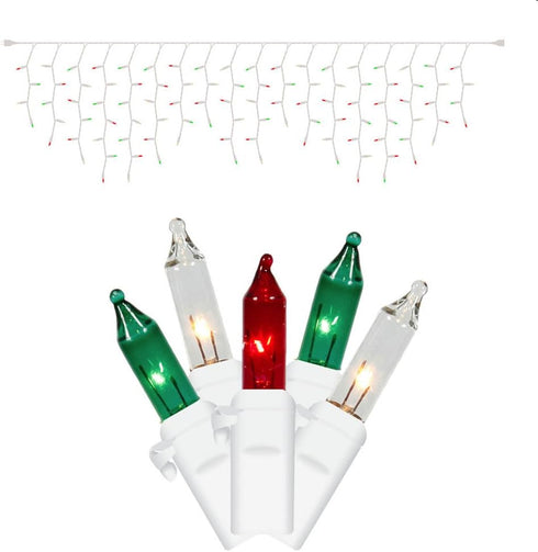 Set of 100 Red, Green and Clear Frosted Icicle Lights - White Wire...