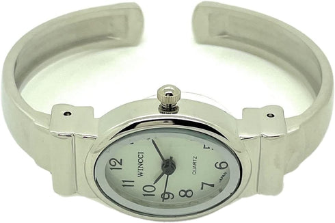 Ladies Small Oval Case Metal Bangle Cuff Fashion Analog Quartz Watch White Dial with Easy to Read Black Numbers...