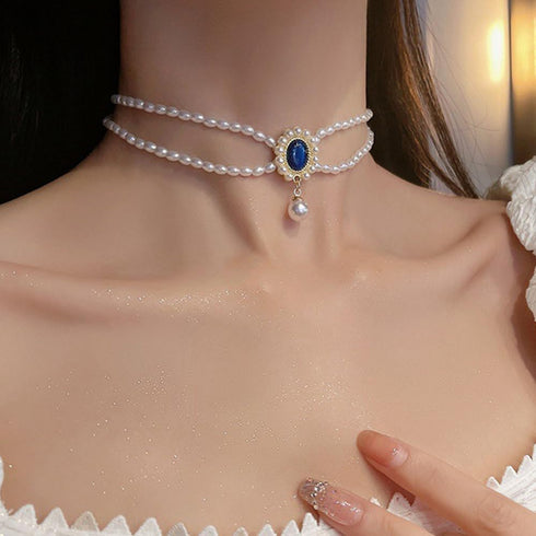 fxmimior Boho 2 Tier Pearl Blue Rhinestones Gold Shiny Choker Necklaces Dainty Rhinestones Pearls Chunky Short 1920s Choker Necklace Chain Multila...