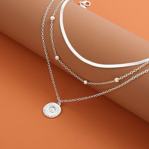 Layered Lotus Pendant Necklaces Silver Bead Choker Necklace Chain Adjustable Jewelry for Women...