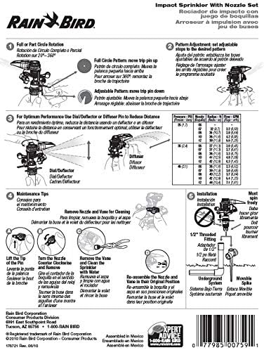 Rain Bird P5-R PLUS Plastic Impact Sprinkler with Nozzle Set, Adjustable 20° - 360° Pattern, 24' - 45' Spray Distance...