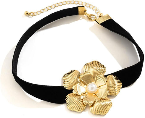 Boho Gold Flower Floral Pearl Black Choker Necklace for Women,Y2k Denim Rose Flower Choker Pearl Velet Choker Pendant Collar Trendy Jewelry...