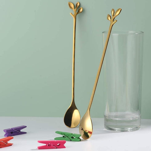 Long Handle Iced Tea Spoons Set of 6, Comicfs 7.6" Ice Cream Spoon, Creative Gold Leaf Cocktail Stirring Spoons, Premium Food Grade Stainless Stee...