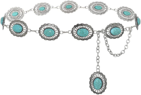 Navoky Turquoise Chain Belts Concho Belt Silver Metal Western Waist Chain Retro Boho Cowgirl Outfit Accessories for women...