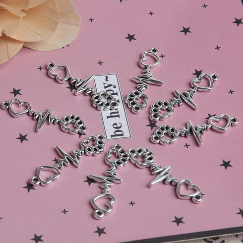 50 PCS 10pcs Antique Silver Plated Heart Footprint Electrocardiogram Charms Pendant for Jewelry Making Bracelet Accessories DIY Craft Findings...