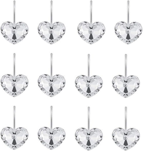 Actpe Decorative Crystal Heart Shape Shower Curtain Hooks Rust Resistant Hooks Glide Shower Ring Hangs Holder Bling for Bathroom, Pack of 12...
