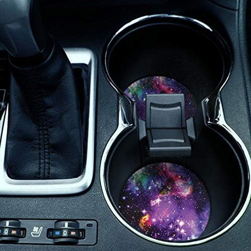 , Purple Marvel Nebula Galaxy Design Absorbent ROUND Fabric Felt Neoprene Car Coasters for Drinks, 2pcs Set...