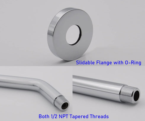 Aquaiaw Shower Arm and O-Ring Flange, 8 inch, Solid Brass, Round, Both Soldered 1/2 NPT Tapered Threads, Wall Mount Shower Arm Extension with Escu...