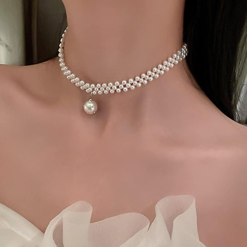 Boho Layered Necklaces for Women Weave Short Necklaces Gold Choker Necklaces Pearls Necklace Layered Rhinestones Pendant Necklace Multilayer for W...