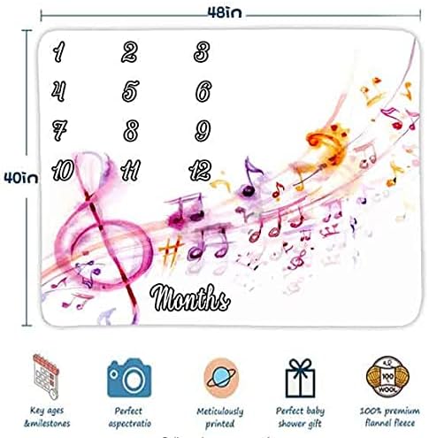 Musical Theme Baby Monthly Milestone Blanket for Boys and Girls, Watercolor Note Sheet Music Month and Age Blanket, 48x40in Soft Flannel, Monthly ...