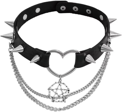 Spike Rivet Adjustable Heart Choker Metal Studded Pink Faux Leather Necklace Y2K Star Punk Halloween Cosplay Jewelry Gifts...