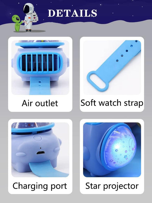 Portable Children's watch fan with Star Projection Watch Fan Handheld Wristband Leafless Fan - Blue...