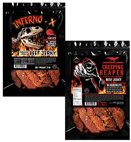 INFERNO X and Creeping Reaper Jerky - Jurassic Jerky Carnivore Candy Peppered Beef Jerky HOTTEST PEPPERS in the WORLD!! Sweet with Heat! High prot...