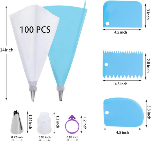 Piping Bags and Tips Set, 100Pcs 12 Inch Pastry Bags, Icing Bags Disposable for Cakes Decorating Kit Supplies with 1 Reusable Piping Bags, 1 Coupl...