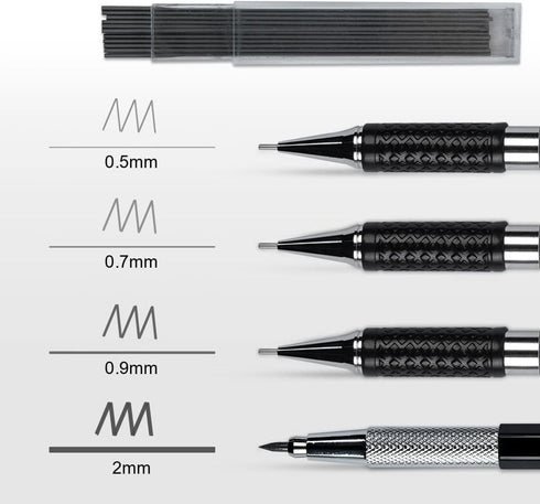 AUAUY 6PCS Metal Mechanical Pencil Set, 3PCS Drafting Pencils 0.5 mm & 0.7 mm & 0.9 mm & 3 PCS 2mm Art Pencil with 12 Tubes Lead Refills & 3 Erase...
