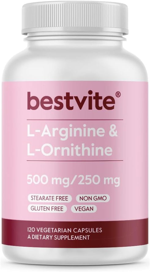 BESTVITE L-Arginine L-Ornithine 500-250 (120 Vegetarian Capsules) - No Stearates - No Fillers - Vegan - Non GMO - Gluten Free - No Calcium Silicat...