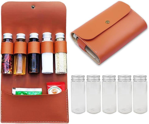 Portable Spice Bag for Travel, Camping Spice Kit with 5 Jars, Foldable Leather Spice Holder Seasoning Storage Bag, Condiment Container Set for Out...