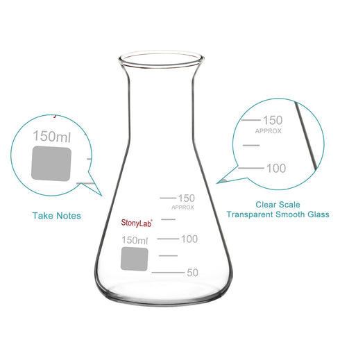 stonylab Glass Wide Mouth Erlenmeyer Flask, 150 ml Borosilicate Glass Erlenmeyer Flask with Heavy Duty Rim, 1 Pack...