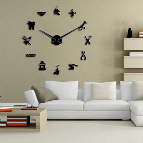 The Geeky Days Dentist Sign Giant DIY Large Wall Clock with Mirror Effect Dental Clock Wall Art Home Decor Frameless Big Time Clock Watch(Black)...