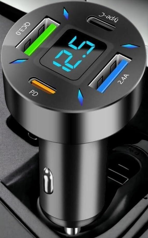 66W Car Charger Cigarette Lighter USB Charger, 4-Port Car Charger, 2 * USB 2.4 +PD+Type C Cigarette Lighter AdapterVoltmeter Compatible with Samsu...