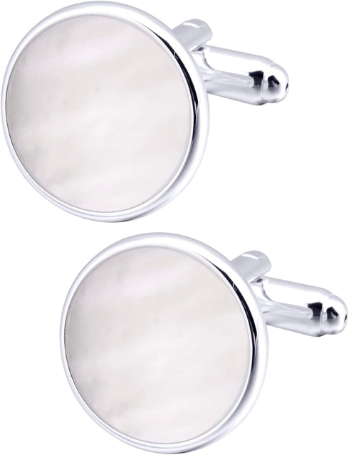 Silver Mother of Pearl Cufflinks in Gift Box Round Cuff Links for Business Wedding Anniversary Dress...