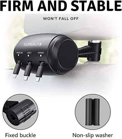 Headrest Car Fast Charger - Retractable Multi Port for USB-C Android Apple 3 in 1 Headrest 3 feet Cable Charger for Lyft Uber Taxi Ride Share for ...