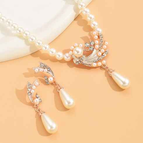 Elegant Brides Pearl Choker Necklace Pearl Drop Dangle Earrings Crystal Rhinestone Choker Wedding Jewelry Set for Brides Bridesmaid...