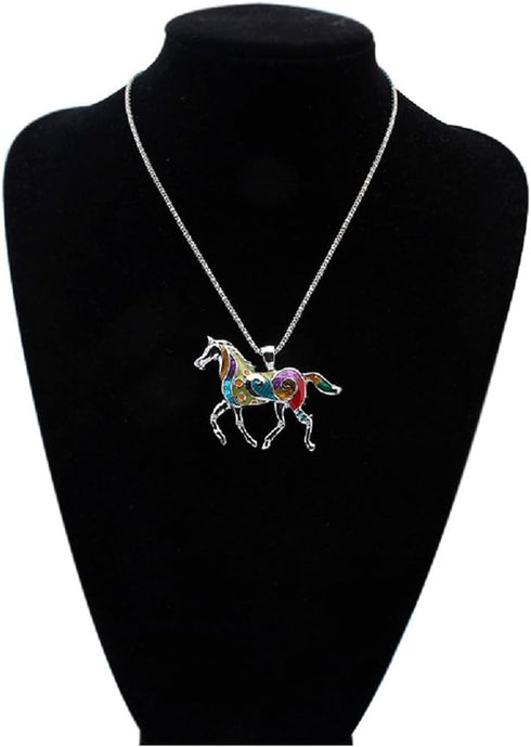 Charms Enamel Rainbow Horse Pendant Necklace with Earrings Jewelry Sets...