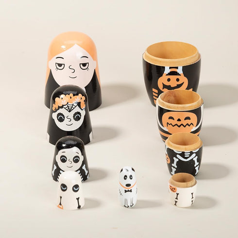 Halloween Themed Girls Nesting Dolls Skeleton Pumpkin Ghost Puppy Wooden Russian Nesting Doll Matryoshka Kid Stacking Toy Gift Dolls for Home Haun...