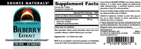 Source Naturals Bilberry Extract 100 mg Standardized Botanical Antioxidant* - 100 mg, 60 Tablets...