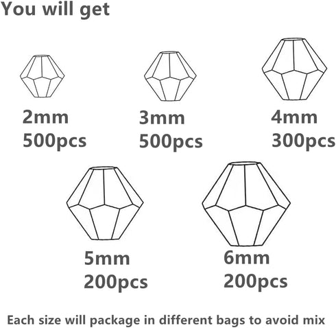 1700pcs Bicone Crystal Beads 2mm 3mm 4mm 5mm 6mm Crystal Glass Bulk Faceted Beads for Necklace Bracelet Earrings DIY Jewelry Crafts Making Supplie...