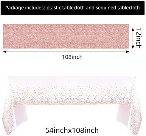 FGSAEOR Rose Gold Tablecloth, 12x108inch Sequins Table Runners and 54x108inch Plastic Table Cloths for Christmas Party Decorations, Sparkling Part...