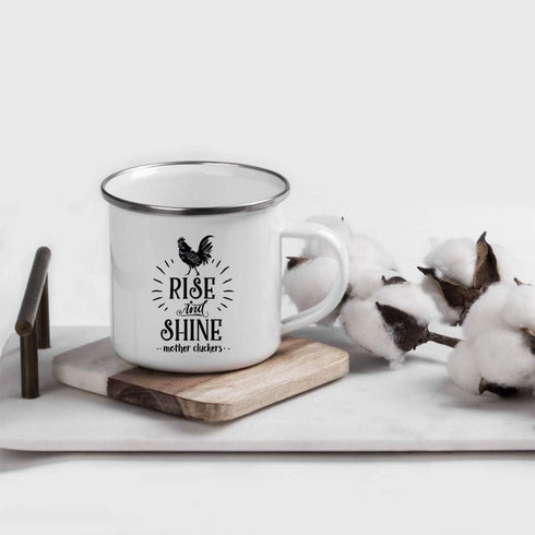 Andaz Press 11oz. Stainless Steel Hot Chocolate Campfire Coffee Mug, Rise And Shine Mother Cluckers, 1-Pack, Farm Chicken Barn Metal Enamel Campin...
