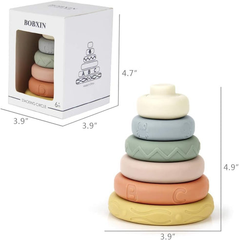 BOBXIN Stacking & Nesting Rings Toy, Soft Circle Stacker, 6 pcs Building Stacker,Teethers for Baby, Squeeze Play with letter, Animal and Graphic, ...