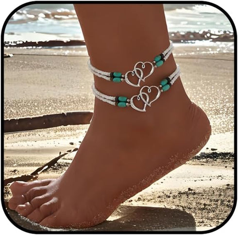 Elastic Beaded Ankle Bracelet for Women Double Layered Beaded Anklet Silver Hearts Stretch Anklet Boho Colorful Beach Anklets Cute Heart Foot Jewe...