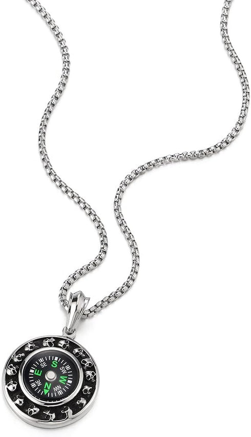 COOLSTEELANDBEYOND Silver Black Circle Skull Compass Pendant Mens Necklace Stainless Steel, 30 inches Wheat Chain...