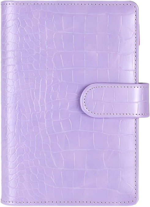 A6 6 Ring Budget Binder - Crocodile Pattern Leather Notebook Binder, Small Refillable Planner Cover with Magnetic Buckle, Purple...
