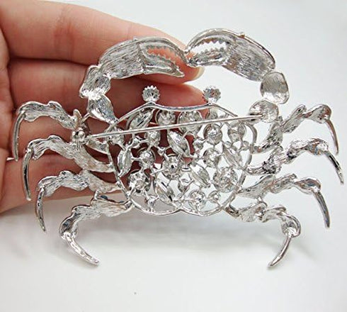 TTjewelry Elegant Silver-Tone Crab Brooch Pin Blue Rhinestone Crystal Jewelry...