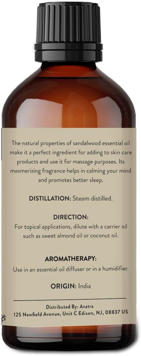 Avatra Sandalwood Essential Oil for Skin, Aromatherapy, & Diffuser | Natural Oil for Humidifier, Soap, & Candle Making | Premium Grade with Glass ...
